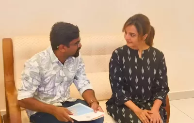 Smt. Manju Warrier meeting with FAERI representatives to discuss an innovative school project promoting technology and STEM education in Kerala.